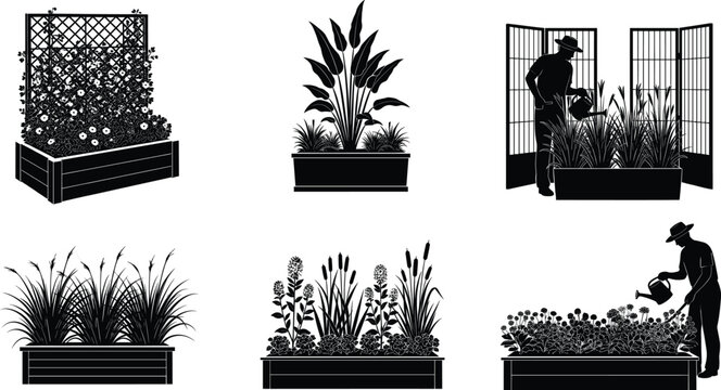Garden bed silhouette vector set with plants and gardeners, ideal for agriculture, nature, farming, eco design, and landscaping themes