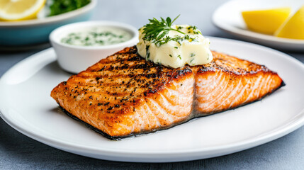 Grilled salmon fillet topped with herbed butter, served with lemon and sauce
