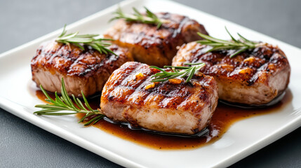 Grilled meat with rosemary garnishes on white plate, showcasing delicious presentation