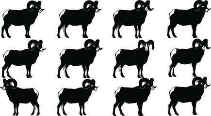Ram silhouette vector set featuring uniform poses and curved horns for wildlife, nature, pattern design, and animal-themed illustration