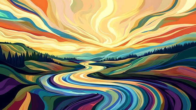 Colorful winding river through hills illustration
