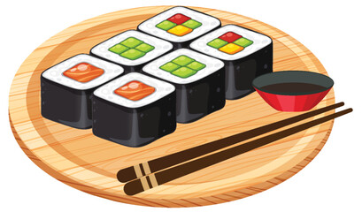 Assorted Sushi Rolls on Wooden Platter with Chopsticks © blueringmedia