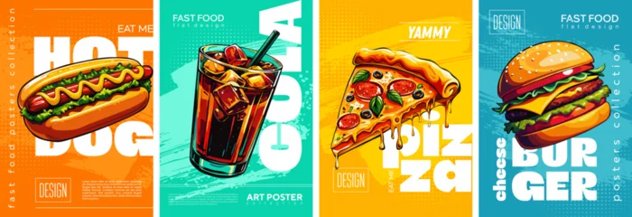 Gardinen Pop Art Set of fast food posters: pizza, burger, cola, hot dog. Stylish flat design without gradients  © Nadin_Koryukova