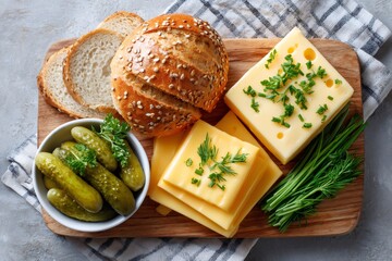 Kaiser roll, cheese slices, pickles and chives resting on wooden cutting board