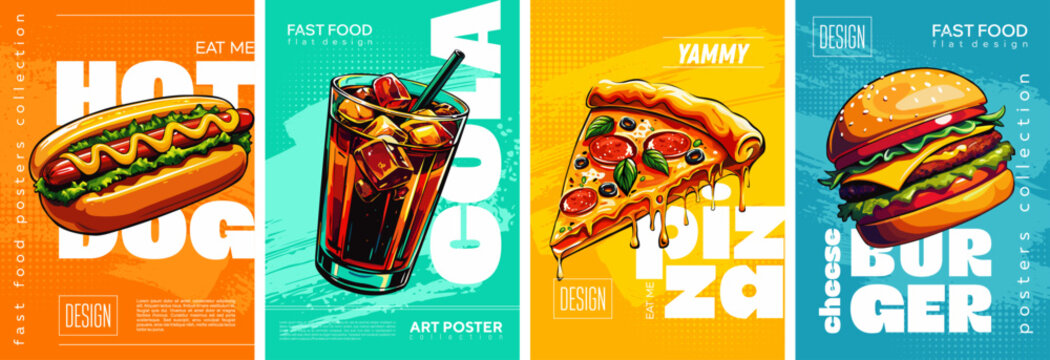 Fototapeta Set of fast food posters: pizza, burger, cola, hot dog. Stylish flat design without gradients