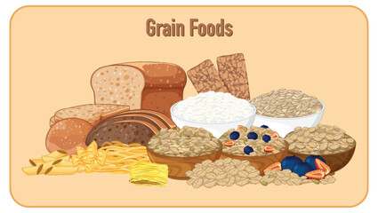 Assorted Grain Foods Including Bread, Pasta, and Oats