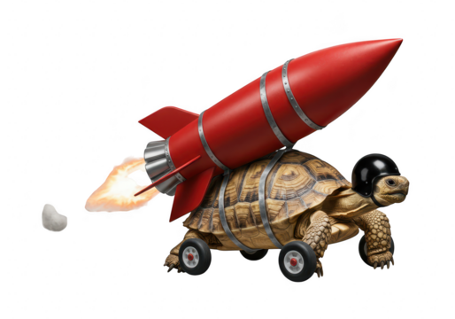 A turtle with a rocket on its back, wearing a helmet and on wheels, symbolizing speed and ambition isolated on transparent background