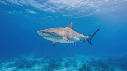 Obraz premium Graceful tiger shark patrolling clear ocean depths, a predator in its domain
