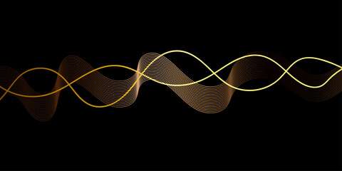 Abstract gold Light Trails Against a Dark Black Background, Luxury Abstract Background with golden element. Abstract curved yellow lines on black . Thin line wavy black background. Abstract gold line