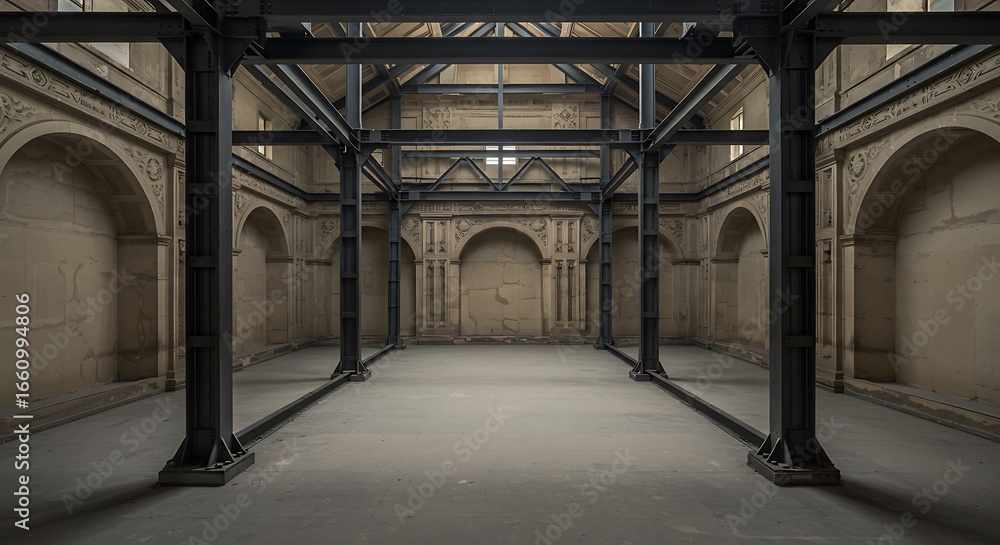 Aufkleber empty square room with steel frame structure architecture details on wall