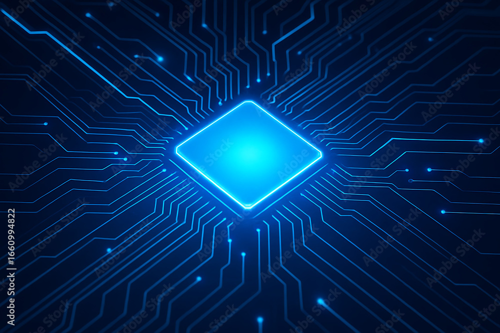 Poster futuristic digital circuit board with a glowing blue square chip, symbolizing computer technology, a
