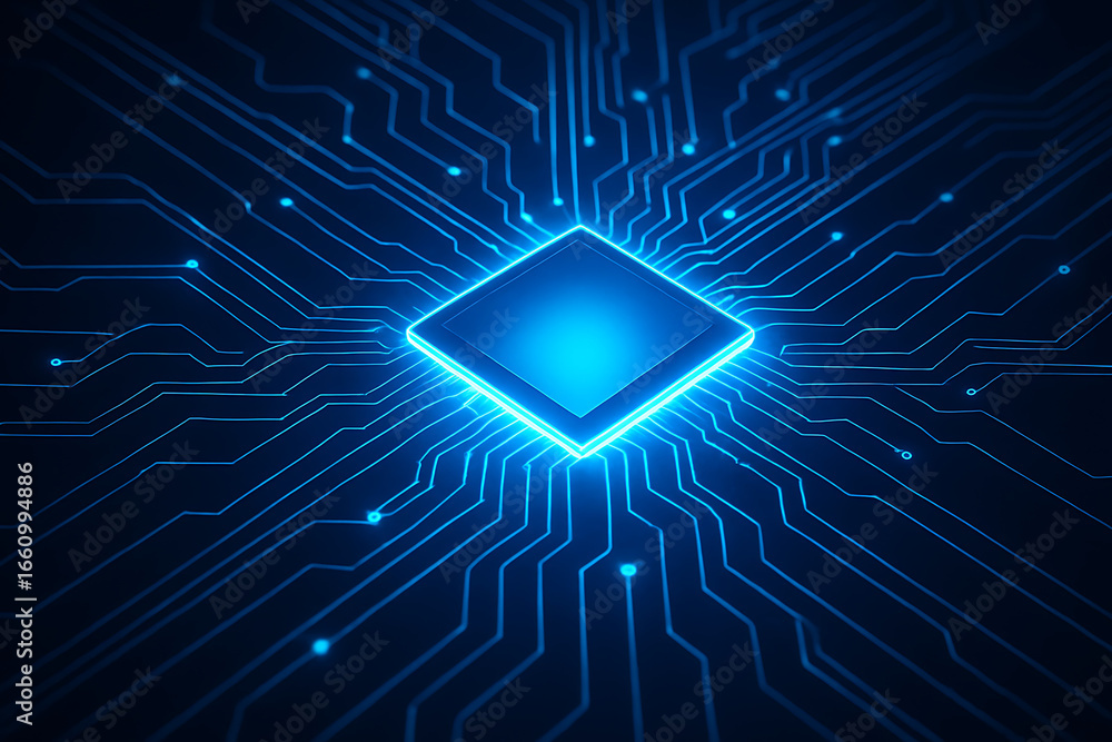 Poster futuristic digital circuit board with a glowing blue square chip, symbolizing computer technology, a