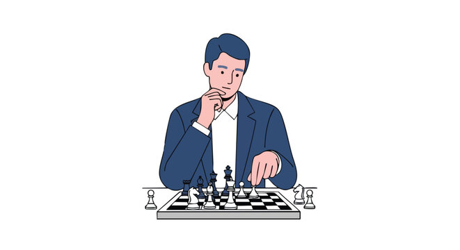 Intense concentration depicted in a man contemplating his next strategic chess move showcased on a stark white backdrop ready to outsmart his opponent