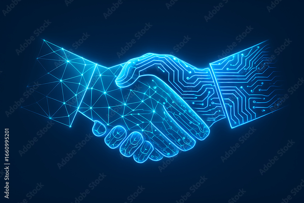 Poster digital handshake with a glowing circuit pattern, symbolizing technological collaboration, digital p