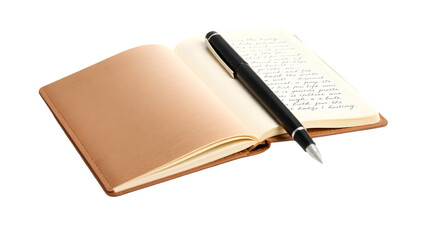 Open journal with tan cover and a black pen resting on the pages with handwritten text visible