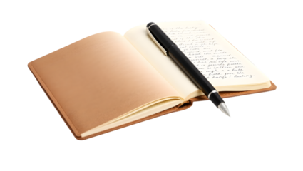 Open journal with tan cover and a black pen resting on the pages with handwritten text visible