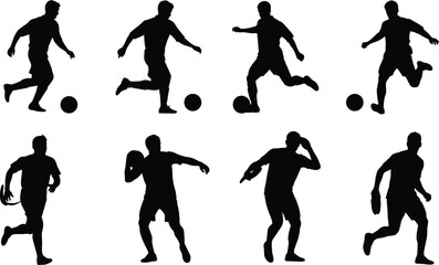 Male athlete silhouettes, soccer and rugby action poses, black vector set, sports clipart, dynamic movement, isolated fitness figures, competitive play illustration