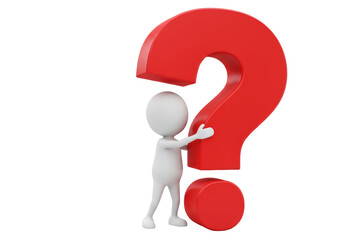 Isolated 3D White Stick Figure Pushing a Large Red Question Mark