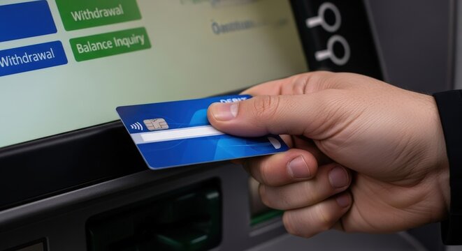 Hand inserting a debit card into an ATM for a financial transaction.