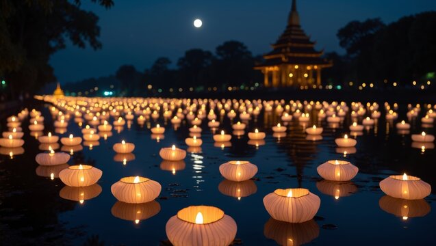 Thadingyut Light Festival in Myanmar: Floating Paper Lanterns on River