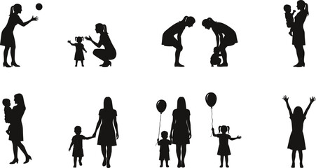 Mother and child silhouettes, parenting moments, play and bonding poses, black vector set, emotional family clipart, isolated lifestyle figures, childhood illustration