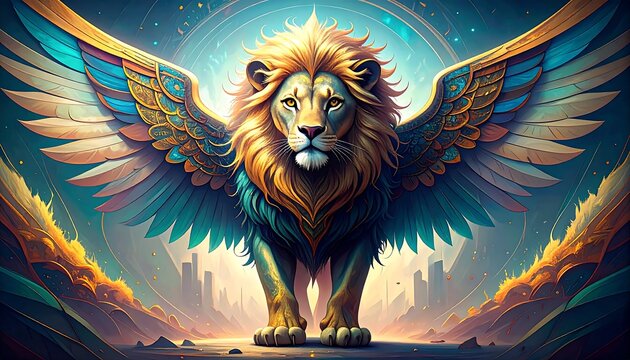 Majestic Winged Lion Ascends Amidst Cosmic Celestial Background.