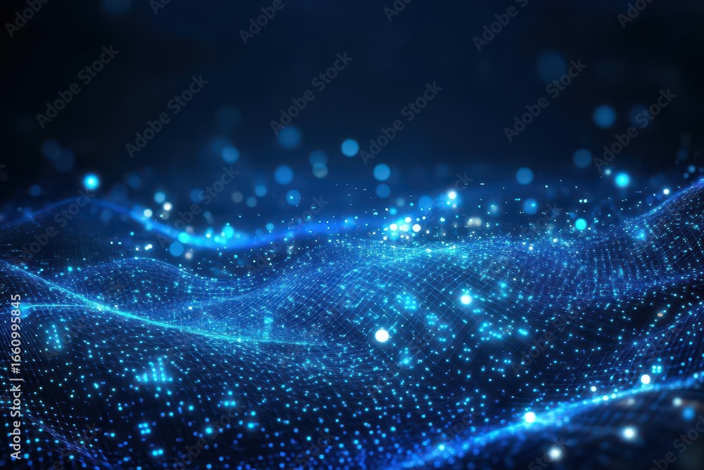 Aufkleber abstract digital landscape with flowing waves of glowing blue particles and light spheres representi