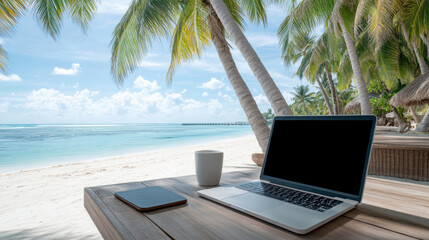 Serene remote work setup featuring laptop and coffee cup under palm trees by beach