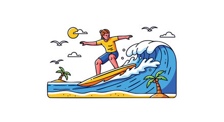 Surfing escapade illustration: A vibrant scene of a surfer riding a tropical wave with palm trees and clear skies setting the backdrop