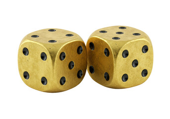 Isolated Pair of Golden Dice Showing Sixes for Luck and Gambling