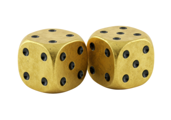 Isolated Pair of Golden Dice Showing Sixes for Luck and Gambling