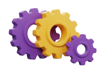 Isolated System of Three Interlocking Purple and Yellow Gears of Various Sizes