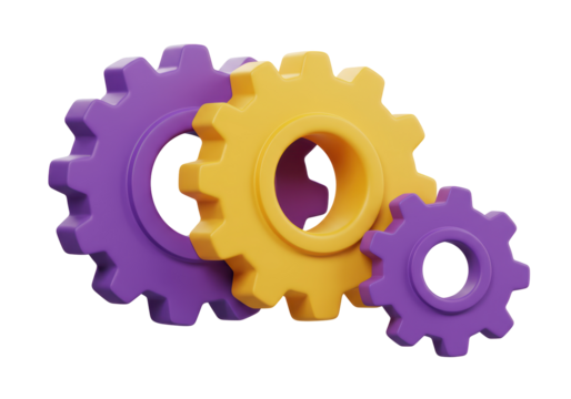 Isolated System of Three Interlocking Purple and Yellow Gears of Various Sizes