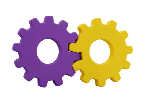 Isolated Interlocked Purple and Yellow Gears Business Collaboration