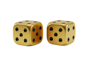 Isolated Two Golden Dice with Black Dots on White Background