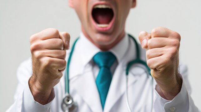Frustrated male doctor in a white coat and turquoise tie, expressing anger with clenched fists, suggesting a stressful medical situation.