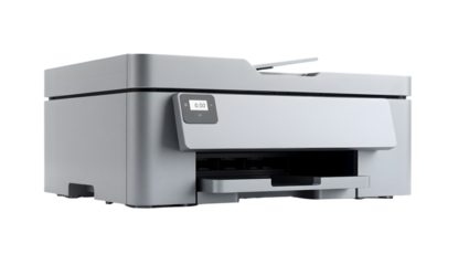 A close up view of a gray printer with a digital display on a black background in a studio setting