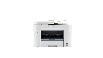A front view of a white multifunction printer on a black background in a studio setting image