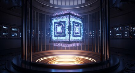 Futuristic Cube Hologram in a Tech Lab