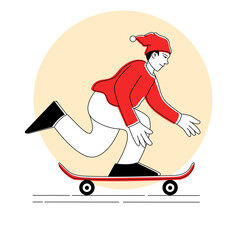 Minimalist Outline Style Santa Claus Skateboarder Flat Illustration Graphic Design