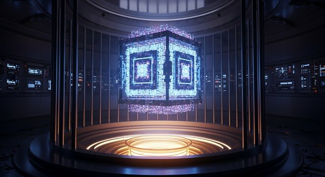 Futuristic Cube Hologram in a Tech Lab - Powered by Adobe