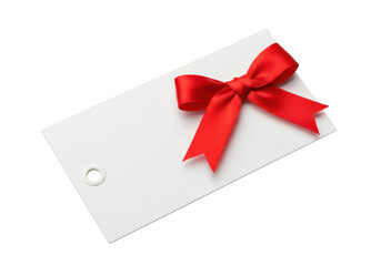 Blank white gift tag with red ribbon bow isolated on transparent background