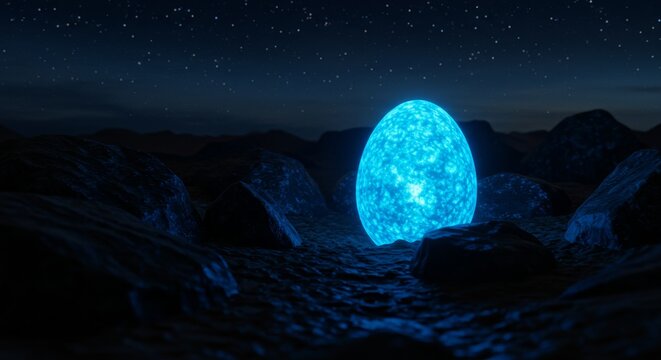 Mystical Glowing Egg on Rocky Terrain Under Starry Night Sky Landscape