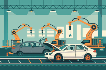 Fototapeta premium Automobile factory interior suspended robotic arms assembly line, precision engineering, industrial automation, advanced manufacturing technology.