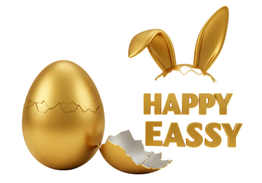 Isolated Golden Cracked Easter Egg with Rabbit Ears Headband and Happy Easter Text