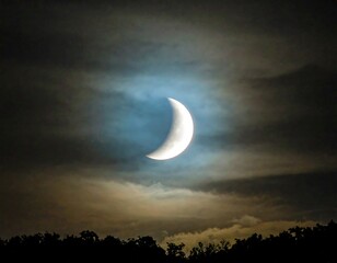Crescent moon, dark clouds