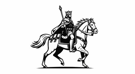 Fototapeta premium Medieval King Riding Horse with Scepter Illustration