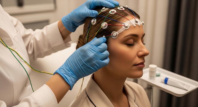 Preparing for Polysomnography: Sleep Technician Carefully Applying EEG Sensors to a Patient's Head.