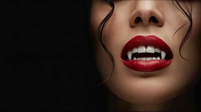  Close-up of a beautiful woman with seductive lips, bright red lipstick, and sharp vampire fangs against a black background.