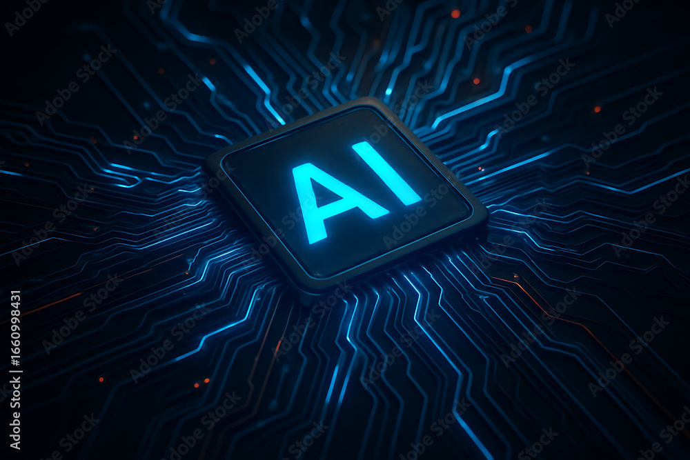 Poster a detailed close-up of a glowing ai chip on a futuristic circuit board, symbolizing advanced artific
